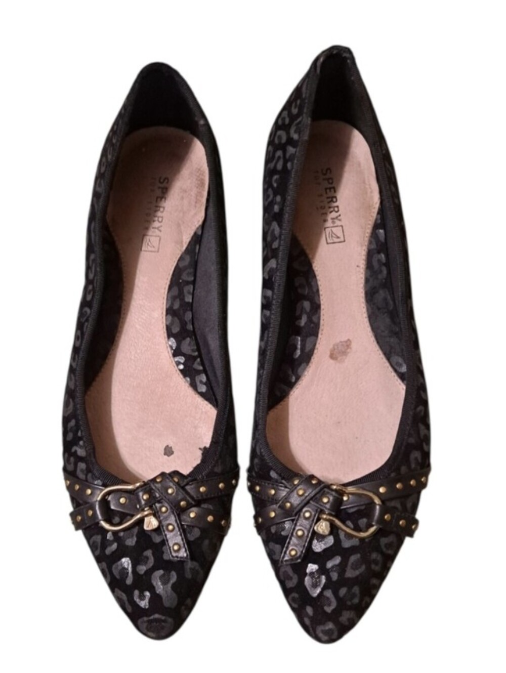 Sperry Black Leopard-Print Pointed Toe Flats with Studded Bow